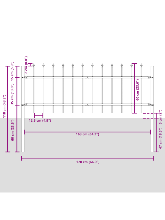 Dārza žogs ar smailiem galiem, balts, 13,6x0,6 m, tērauds