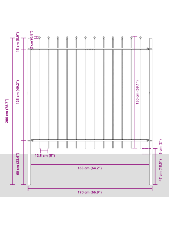 Dārza žogs ar foršu augšdaļu, pelēks, 15,3x1,5 m, tērauds
