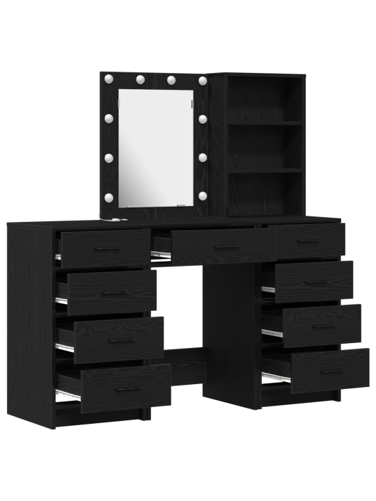 3 daļu kosmētikas galda komplekts ar led, melns inženierijas koks