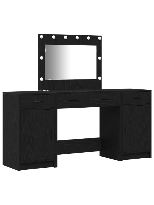 3 daļu tualetes galda komplekts ar led, melns inženierijas koks