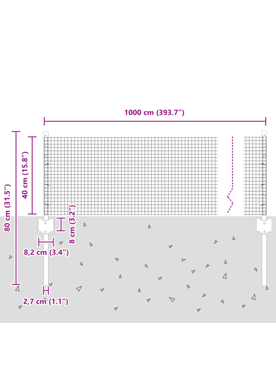 Metināts stieņu žogs ar 5 u stabiem pelēks 0.4x10 m tērauds
