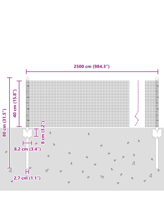 Lodētā stieplu žogs ar 11 u stabiem pelēks 0.4x25 m tērauds