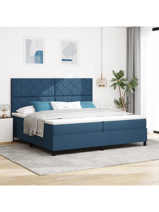 Kastīte ar atsperes gultu ar matraci, zila 200x200 cm, audums