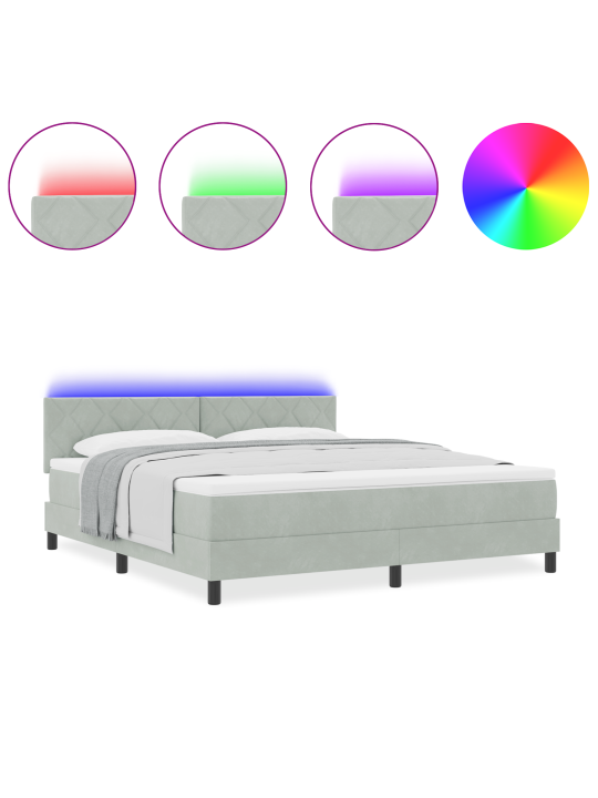 Gultas rāmja komplekts ar matrači un led gaismu pelēkā krāsā 180x200 cm no samta