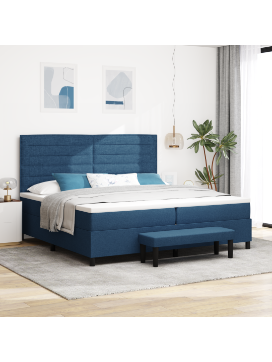 Kaste ar atsperēm ar matraci un soli zils 200x200 cm audums